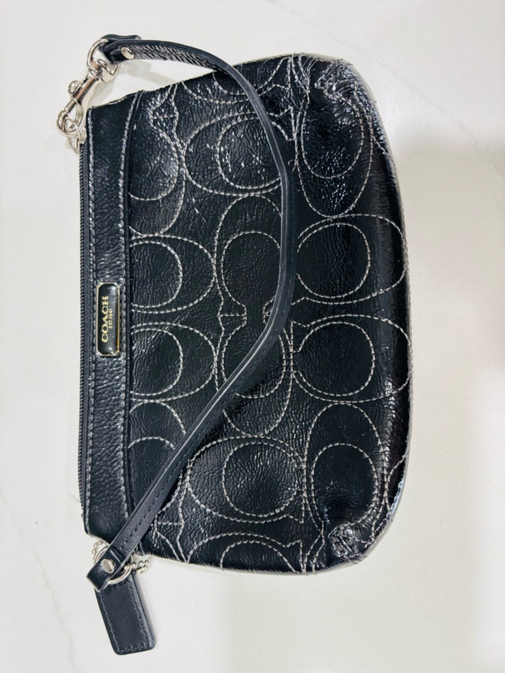 Coach Black Signature Wristlet Embossed Leather Zip Top - Picture 2 of 3